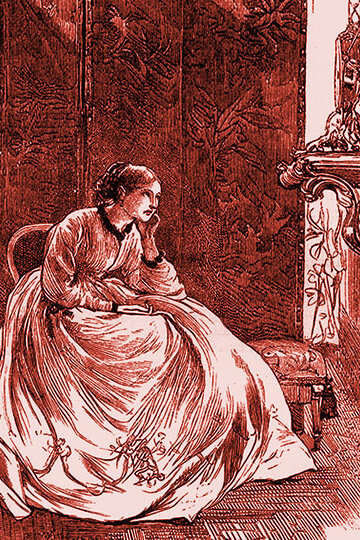 An illustration of a man pulling up a chair next to a woman. The drawing seems to depict people in the 19th century.