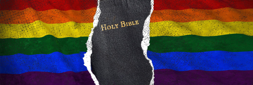 A collage of a pride flag being split in half and the Holy Bible is in the middle.