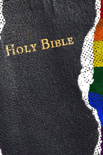 A collage of a pride flag being split in half and the Holy Bible is in the middle.