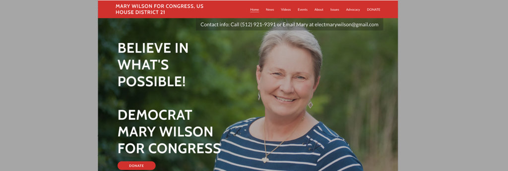 A screenshot of the campaign website for Mary Wilson, a white woman who ran for Congress in House District 21 in Texas.