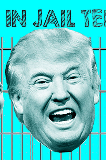 The text that says "Republicans in Jail Telling Jokes" with jail bars. In front of the jail bars, heads of Jared Kusher, Donald Trump Jr, Donald Trump, Roger Moore and Ivanka Trump.