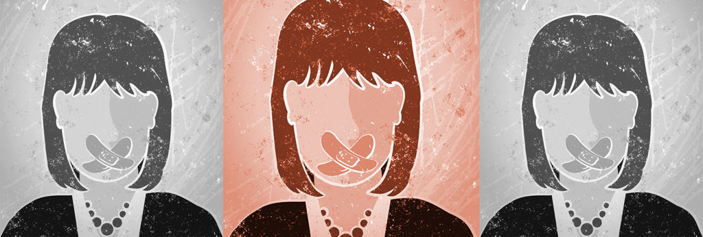 An illustration of a bandaid covering a woman's mouth.