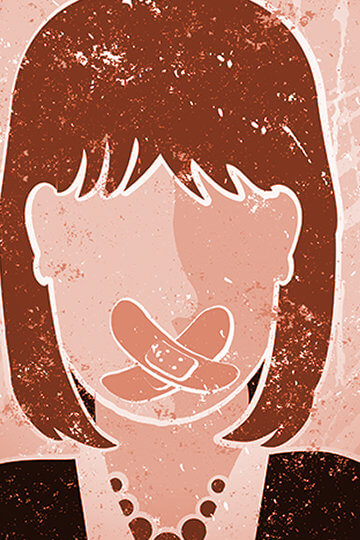 An illustration of a bandaid covering a woman's mouth.