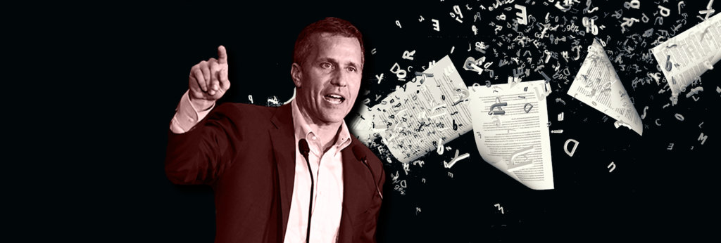 A collage of Eric Greitens and shredded papers being close to him.