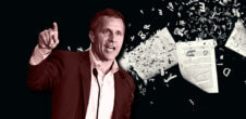 A collage of Eric Greitens and shredded papers being close to him.