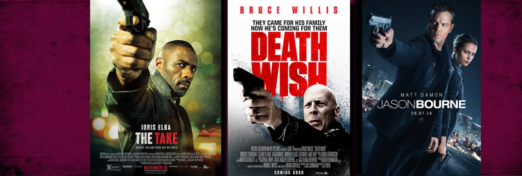 Collage of movie posters of Idris Elba's "The Take," Bruce Willis' "Death Wish," and Matt Damon's "Jason Bourne"