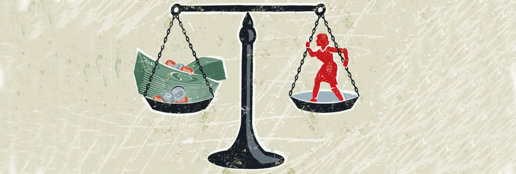 An illustration of scales of justice, with a woman on one side and a stack of money on the other.