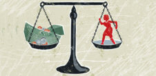 An illustration of scales of justice, with a woman on one side and a stack of money on the other.