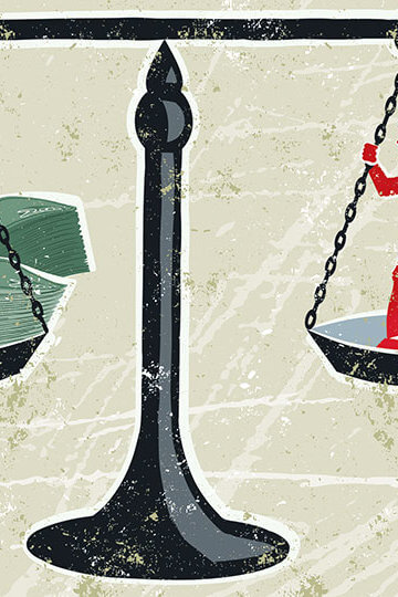An illustration of scales of justice, with a woman on one side and a stack of money on the other.