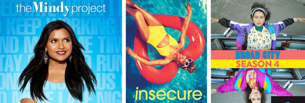 Collage of promotional posters for the television shows "The Mindy Project," "Insecure," and "Broad City."