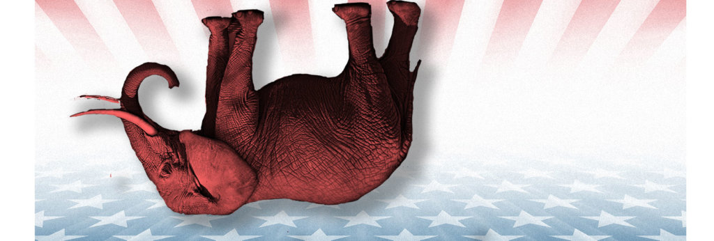 A collage of an upside down red elephant with colors of the American flag in the background.