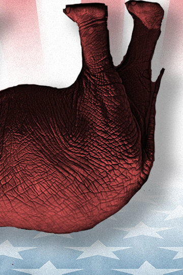 A collage of an upside down red elephant with colors of the American flag in the background.