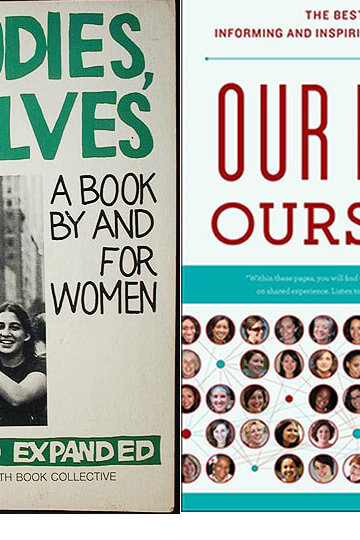 A collage of covers of the books, "Our Bodies, Ourselves: Menopause," "Our Bodies, Our Selves: A Book By and For Women," "Our Bodies, Ourselves," and "Our Bodies, Ourselves: Pregnancy and Birth"