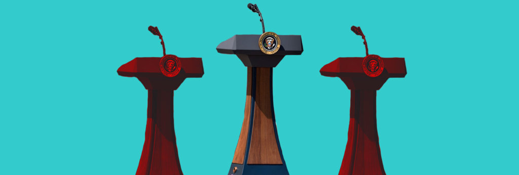 A collage of three podiums at the White House
