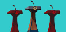 A collage of three podiums at the White House