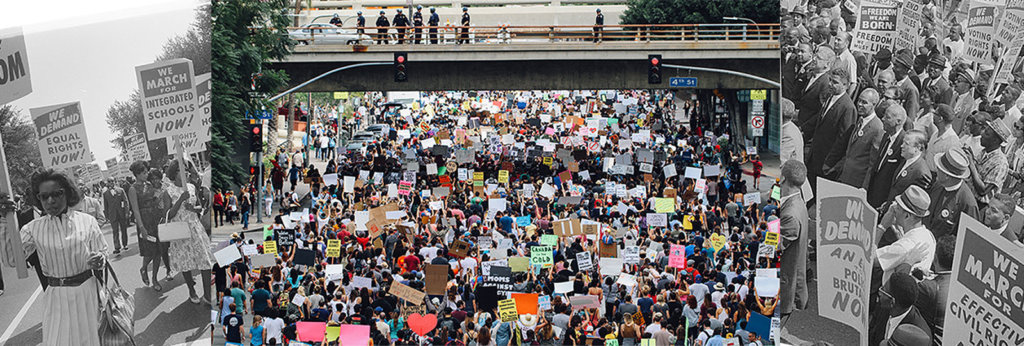 A collage of protest photos from 2018 and from the 1960s.