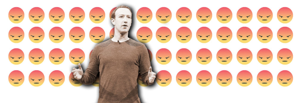 A collage of angry emojis with a photo of Mark Zuckerberg in front of them.