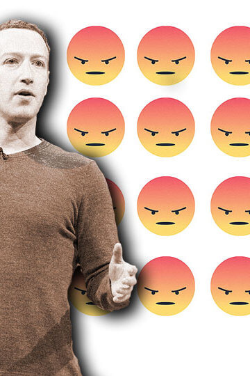 A collage of angry emojis with a photo of Mark Zuckerberg in front of them.