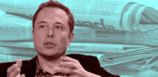 A photo of Elon Musk in front of a stack of newspapers.