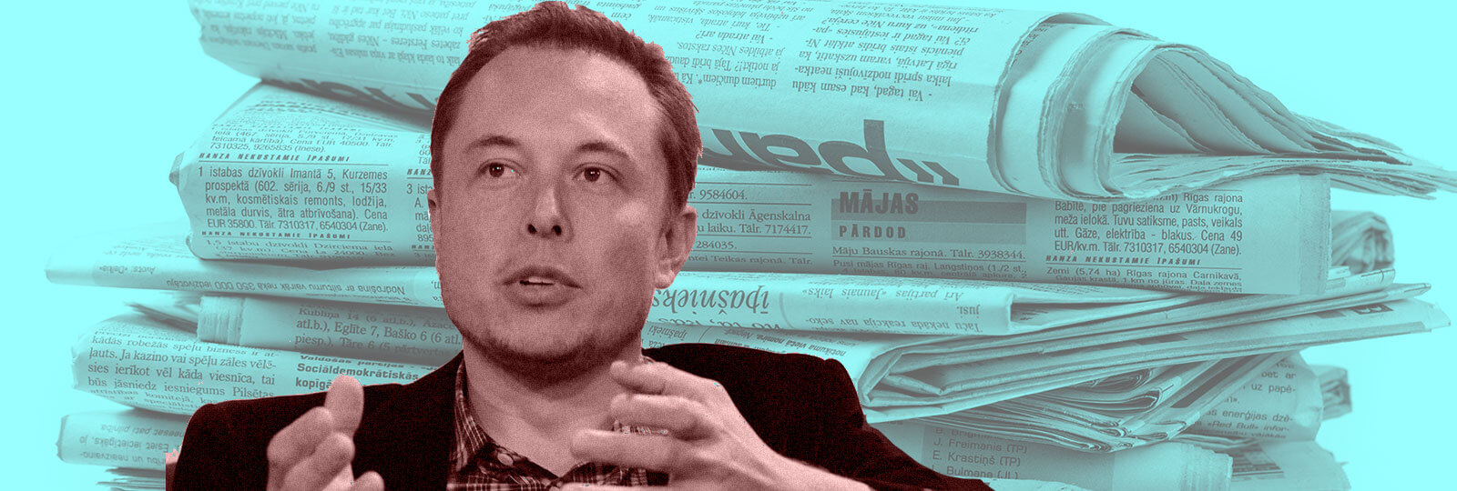A photo of Elon Musk in front of a stack of newspapers.