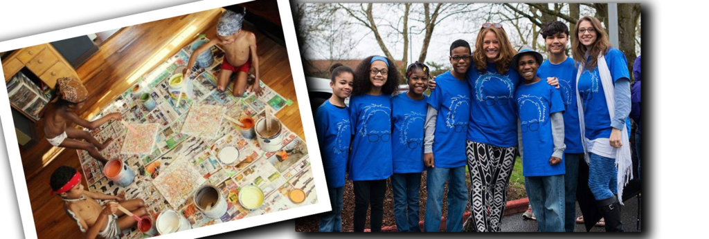 A collage of two photos of the Hart family, two white woman who adopted Black children.