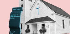 A collage of a white church building with a sign that says "Department of Health and Human Services" in front of it.