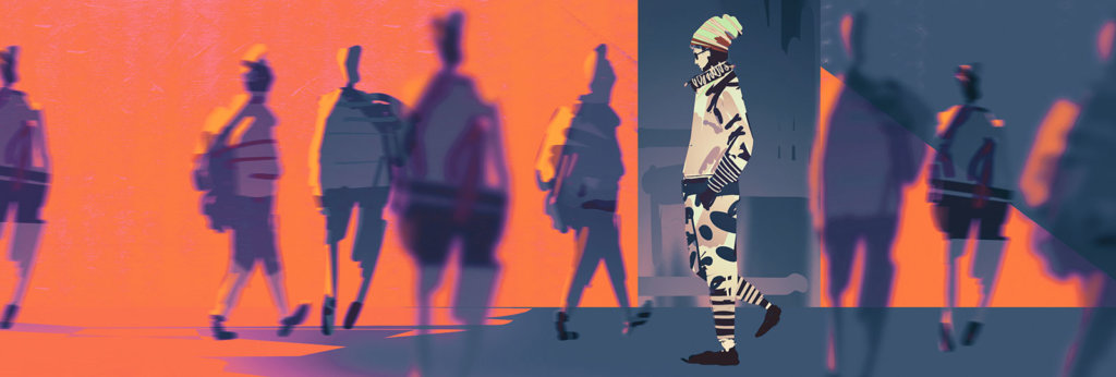 An illustration of men in weird outfits walking around.