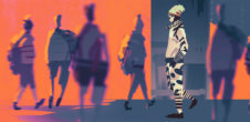 An illustration of men in weird outfits walking around.