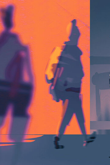 An illustration of men in weird outfits walking around.