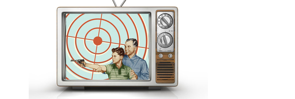A collage of an old television with a man helping their son hold a gun.