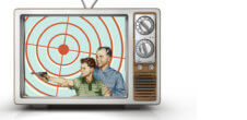 A collage of an old television with a man helping their son hold a gun.
