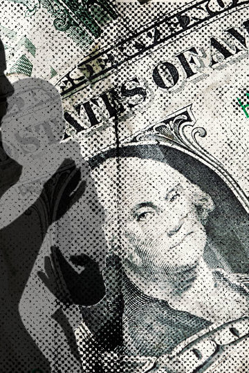 A collage of crumpled up bills with an illustration of a mother holding her young child.