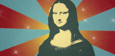A photo of Mona Lisa with blue and red spiral background.