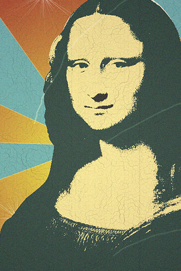 A photo of Mona Lisa with blue and red spiral background.