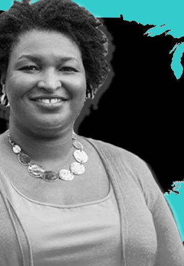 A collage of Stacy Abrams in front of a map of the United States. The US is black except for the state of Georgia, which is blue.
