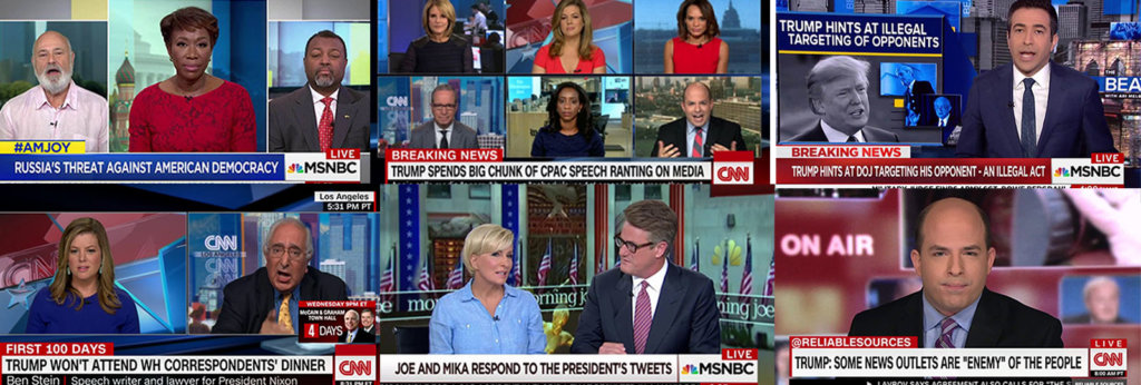 Screenshots of Trump coverage at MSNBC and CNN. Headlines are, "Russia's Threat Against American Democracy," "Trump Spends Big Chunk of CPAC speech ranting on media," "Trump hints at DOJ targeting his opponent – an illegal act," "Trump won't attend WH correspondent's dinner," "Joe and Mika respond to the president's tweet," and "Trump: Some News Outlets Are "Enemy" Of The People.