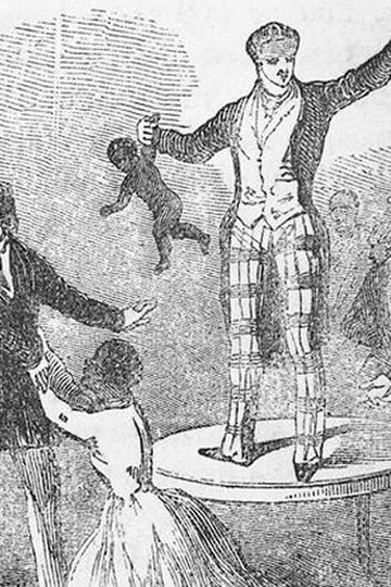 An illustration of a drawing where white people are stealing Black children.