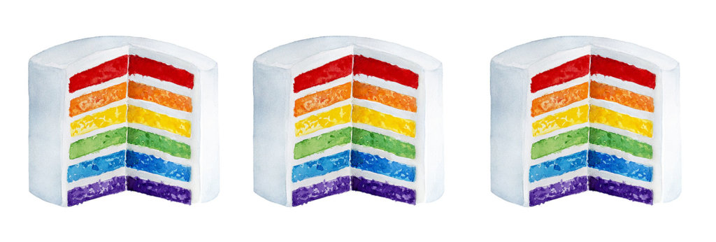 Collage of three white cakes. One slice is taken out, and the layers inside are different colors of the pride flag.
