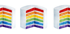Collage of three white cakes. One slice is taken out, and the layers inside are different colors of the pride flag.