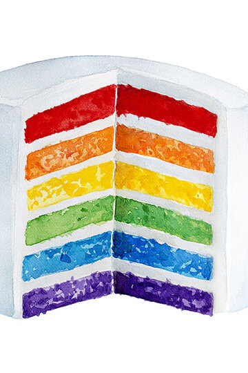 Collage of three white cakes. One slice is taken out, and the layers inside are different colors of the pride flag.