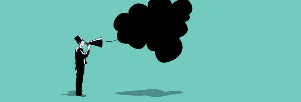 A collage of an illustration of a man speaking through a megaphone with a large speech bubble coming out of it.