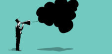 A collage of an illustration of a man speaking through a megaphone with a large speech bubble coming out of it.
