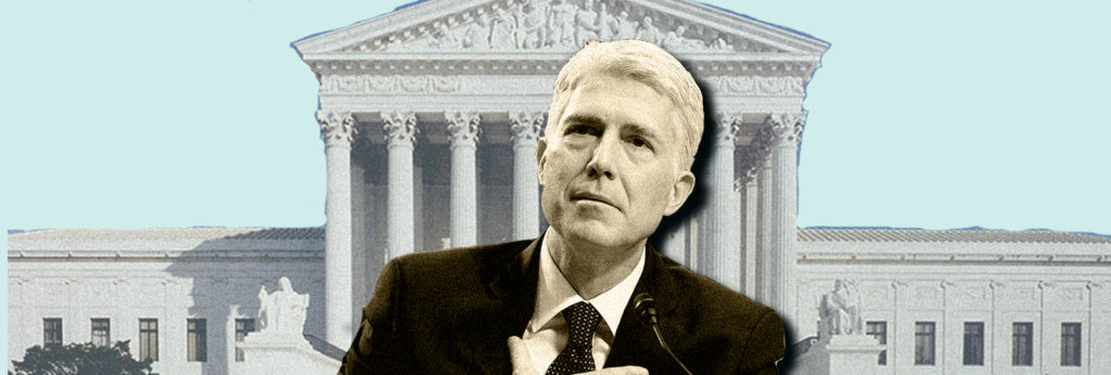 A photo of Neil Gorsuch in front of the White House