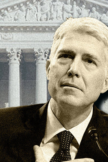 A photo of Neil Gorsuch in front of the White House