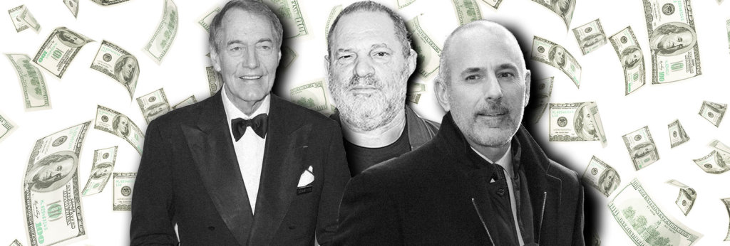Photos of Charlie Rose, Harvey Weinstein and Matt Laeur in front of hundred dollar bills.