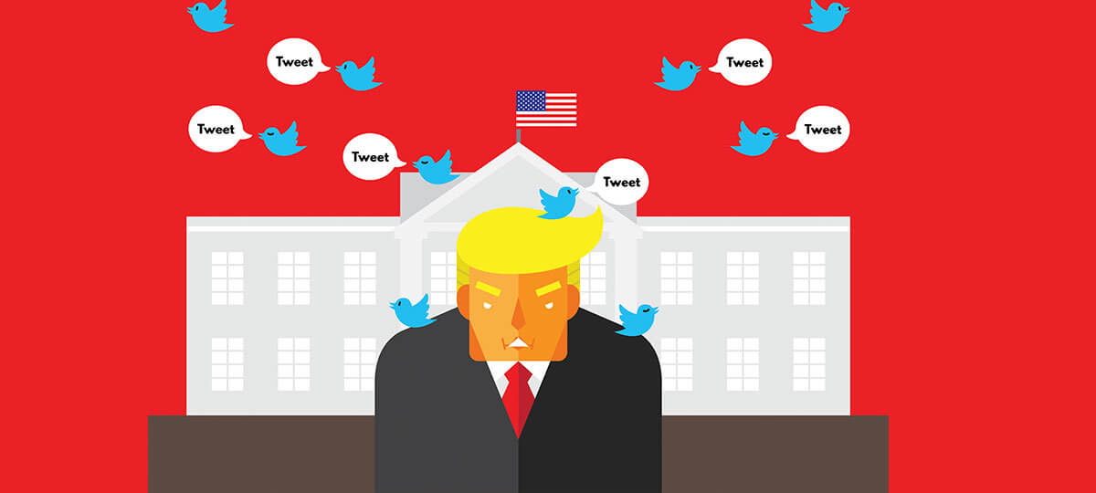 An illustration of Donald Trump in front of the White House. There are also Twitter birds with speech bubbles that say "Tweet" in them.