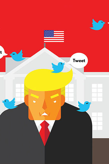 An illustration of Donald Trump in front of the White House. There are also Twitter birds with speech bubbles that say "Tweet" in them.