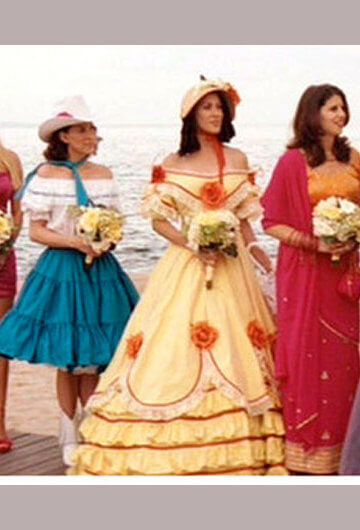 A photo of bridesmaids with very mismatched outfits