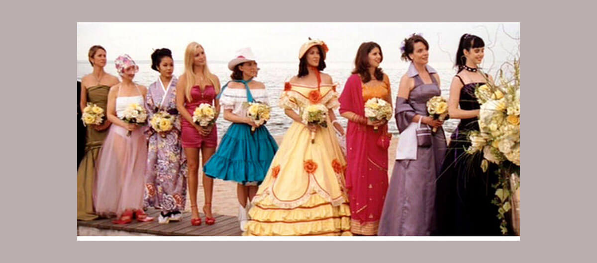 A photo of bridesmaids with very mismatched outfits