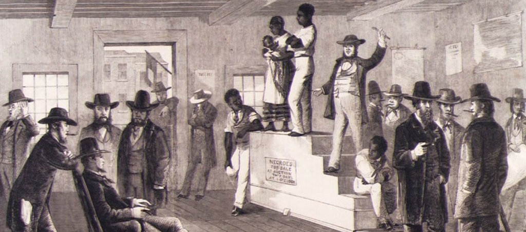 A drawing of Black people being sold off at slave auctions